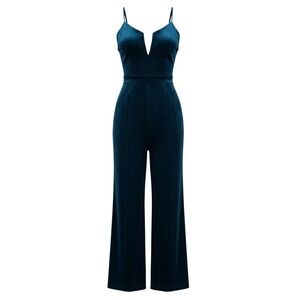Women Teal Blue Velvet Wide Leg Jumpsuit V-Neck Spaghetti Strap Sleeveless Large